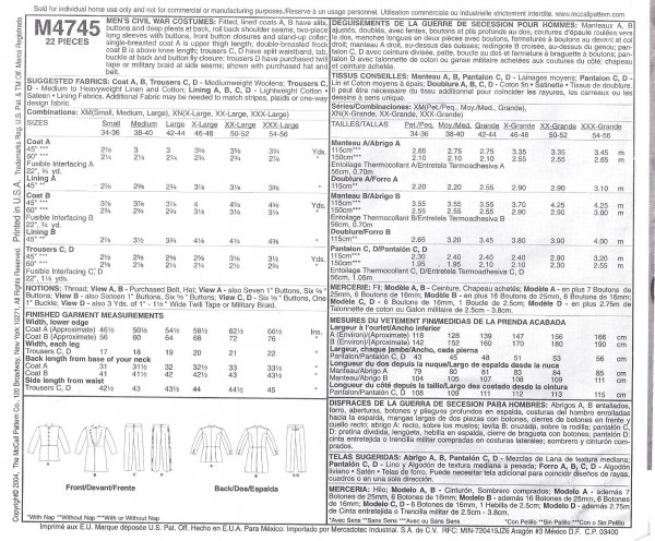 McCalls Pattern 4745 Men's Civil War Military Uniform Size SM