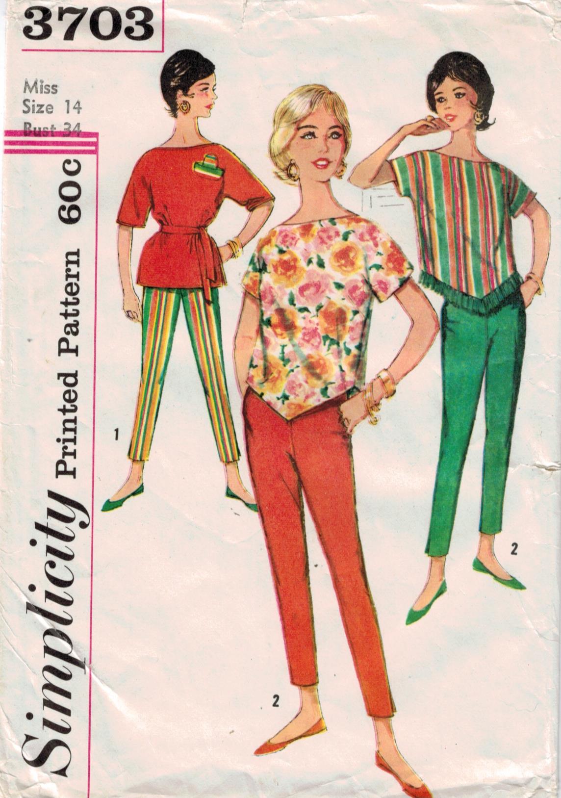 1960's Cropped Cigarette Pants and Blouse Sewing Pattern Size 14