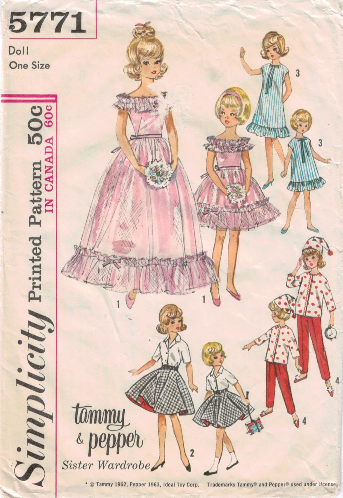 Simplicity Pattern 5771 Tammy and Pepper Dolls Vintage Doll Clothes