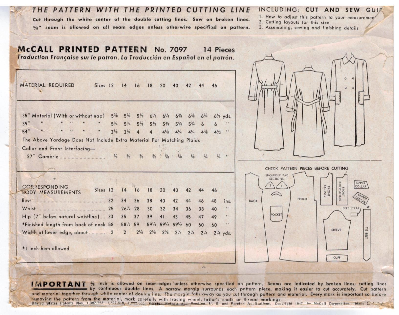 McCalls Pattern 7097 Double Breasted belted robe from 1947 Size 14 ...