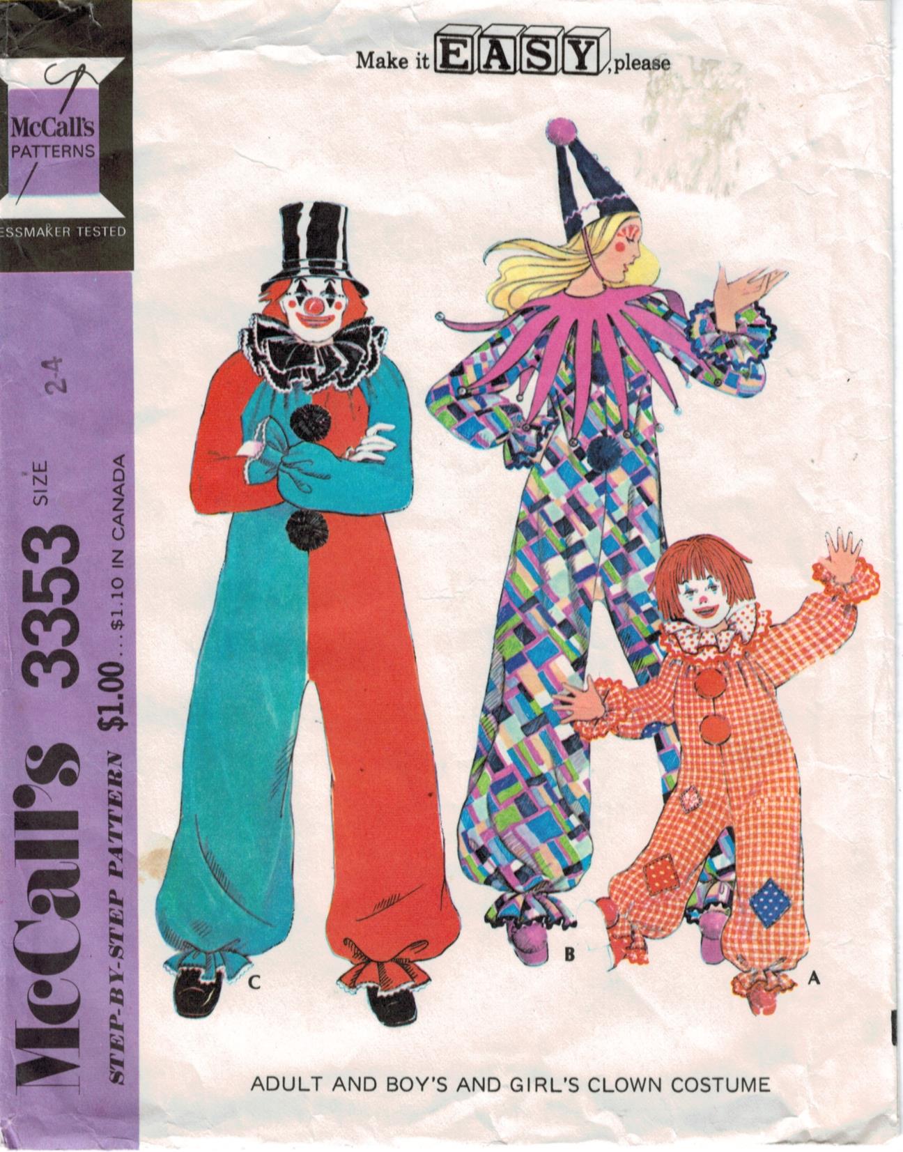 McCalls M6142 Learn to Sew Adult and Teen Clown Costume Sewing Pattern Sizes L-XL 
