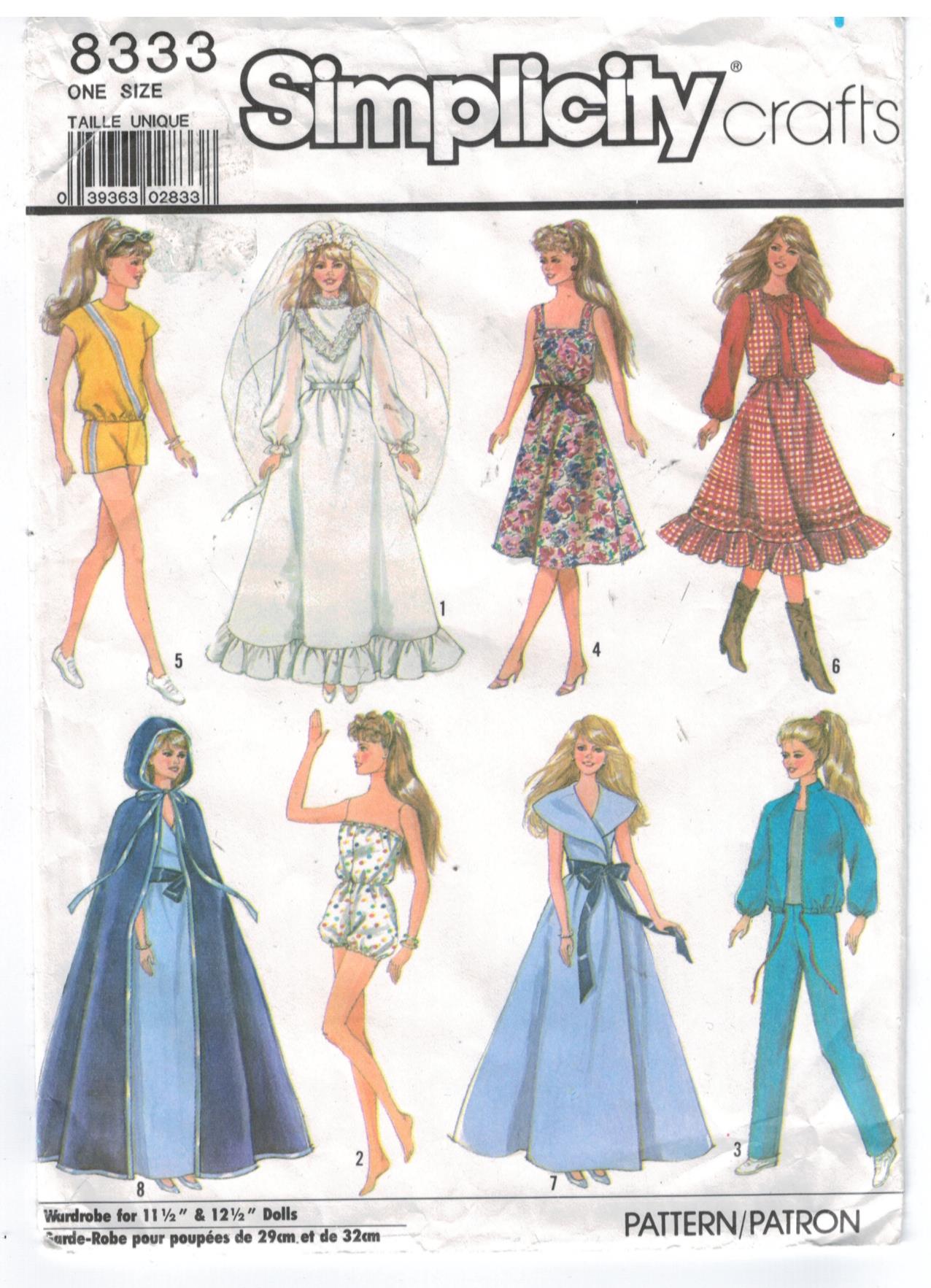 Simplicity Pattern 8333 Barbie Doll Clothes wardrobe bride cape gown