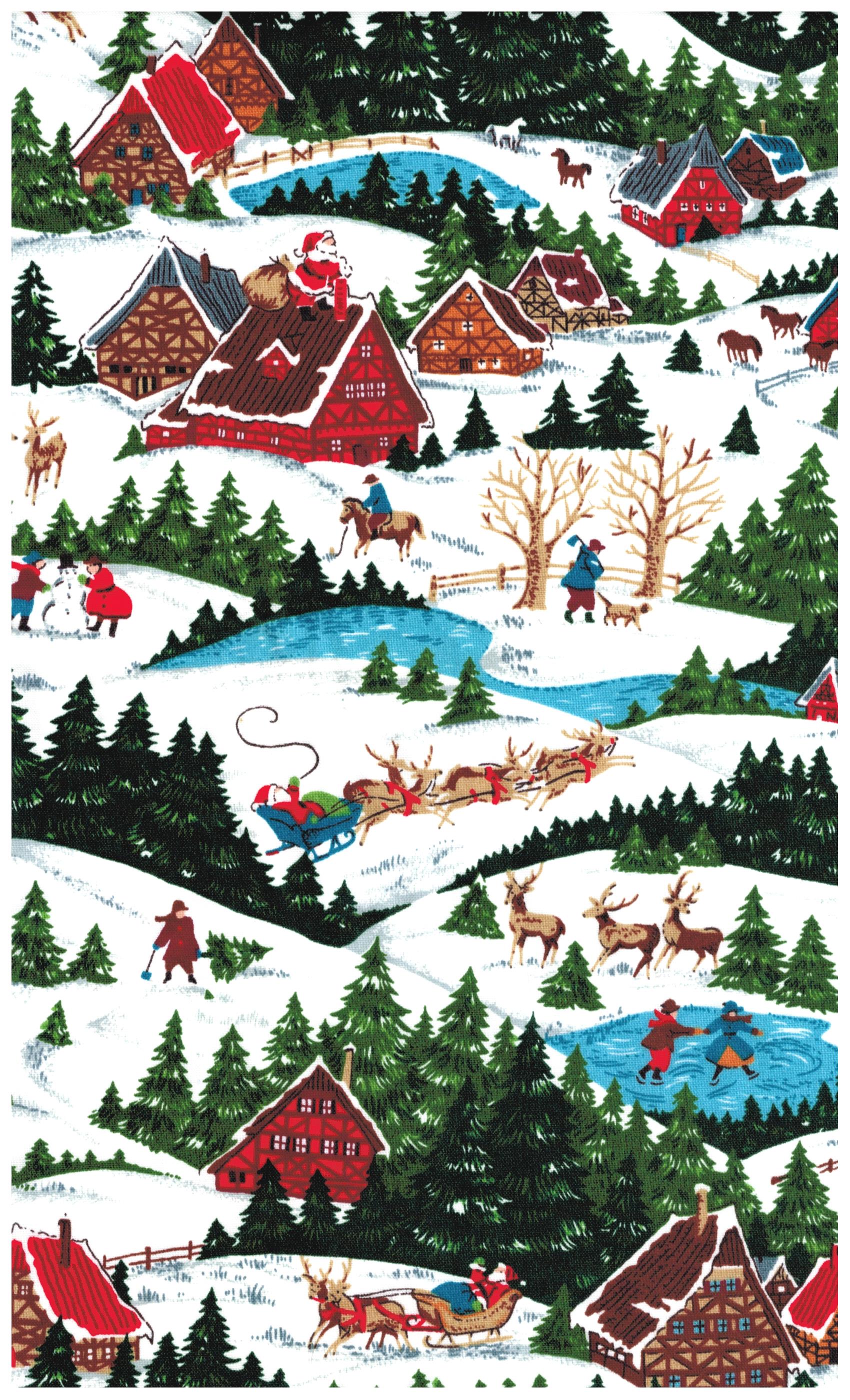 VIP Fabric Christmas Holiday Vintage Scene Print Santa and Reindeer 