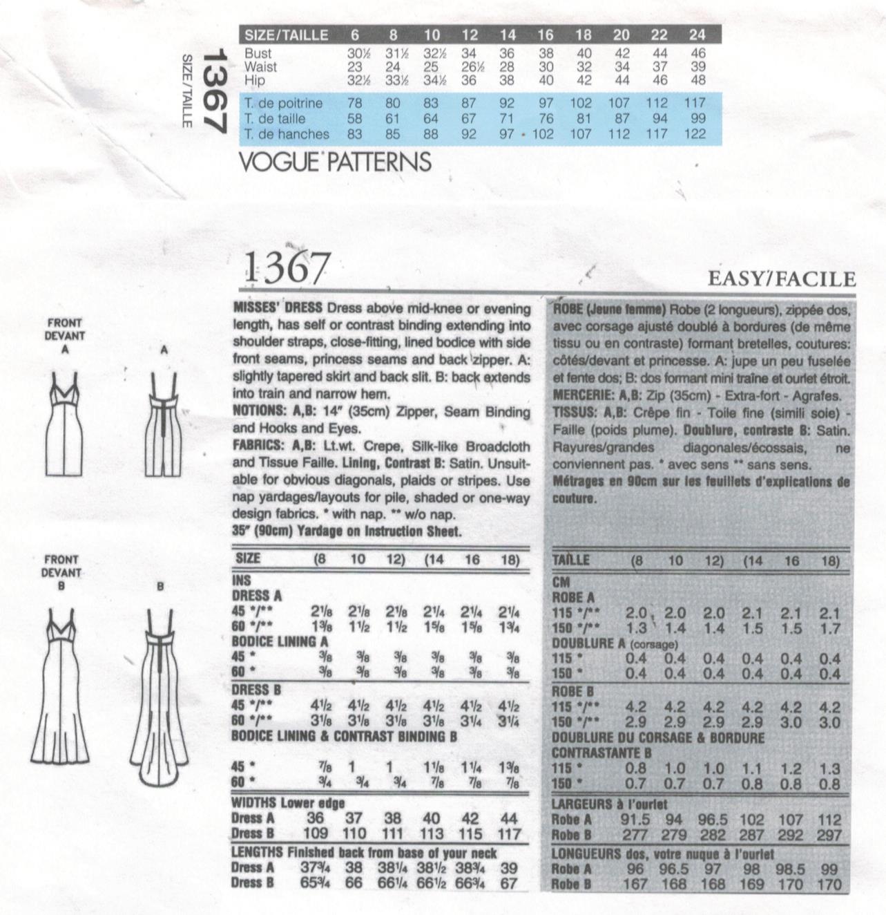 Vogue Pattern 1367 Designer evening gown and cocktail dress sizes 14,16