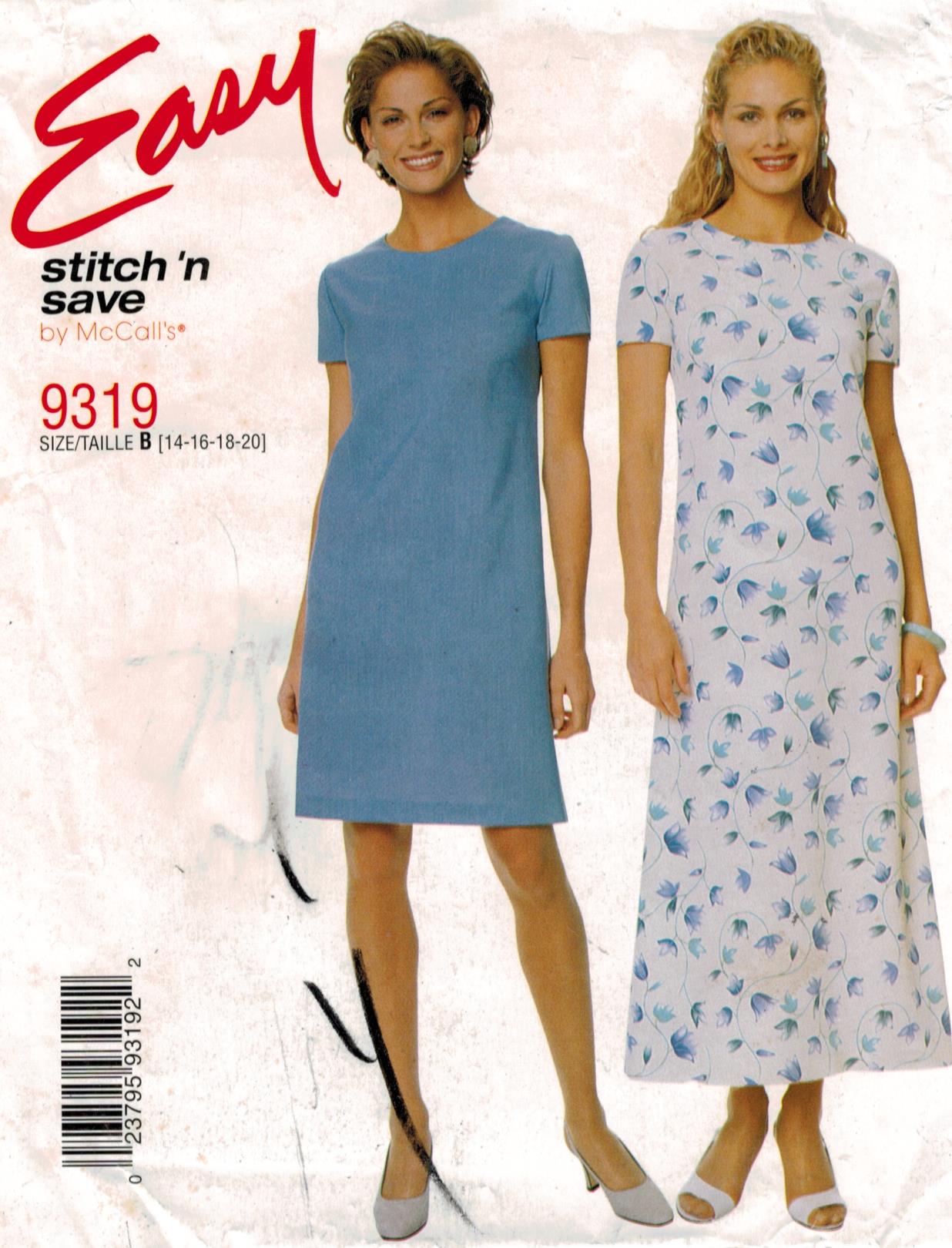 McCalls Pattern 9319 Easy Stitch And Save Short Sleeve Shift Dress In Two Lengths 14 20