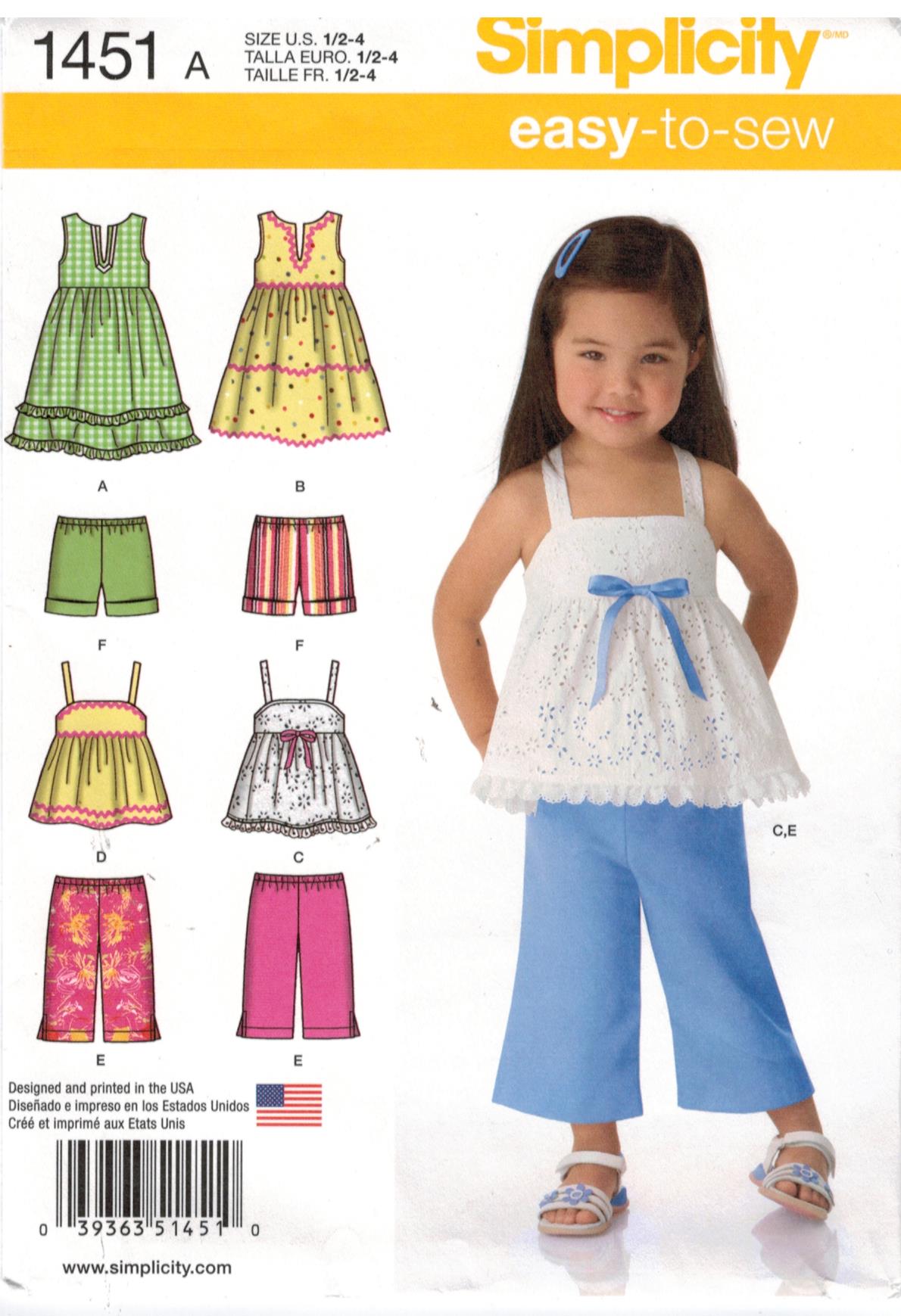 Sewing Pattern for Girls Dress and Pants Tank Top Size 3-8 Pullover Dress Uncut and FF Top Simplicity 1475 0976 Shorts