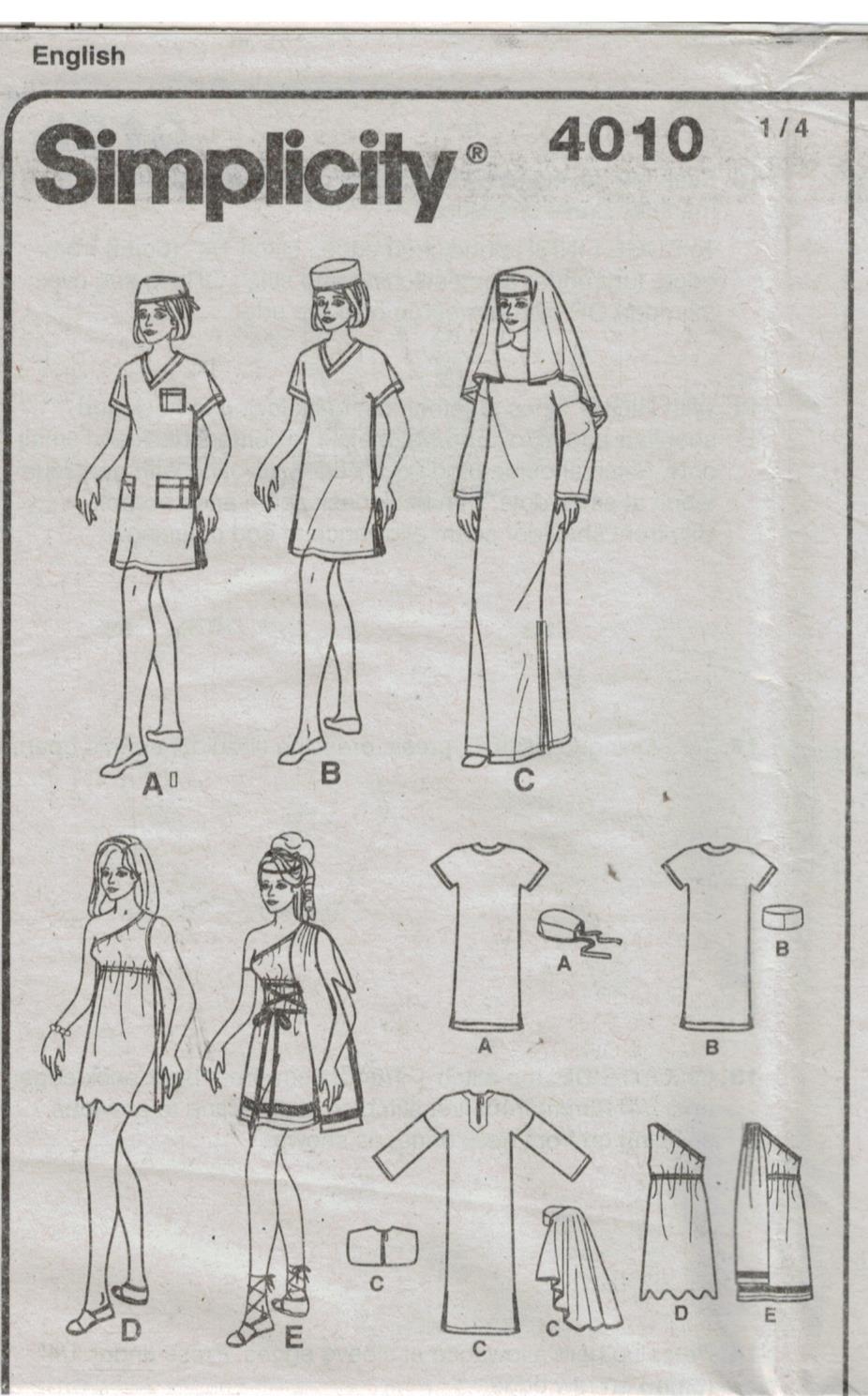 Simplicity Pattern 4010 Costumes for Misses – goddess, nun, cavewoman ...