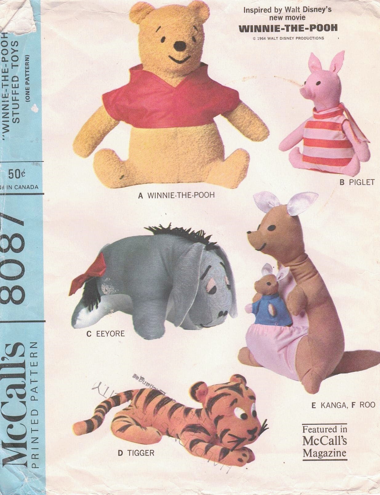McCalls Pattern 8087 Disney Vintage Winnie the Pooh, Piglet, Eeyore, Kanga  and Roo and Tigger stuffed animal toys from 1964 | Sewing Pattern Heaven