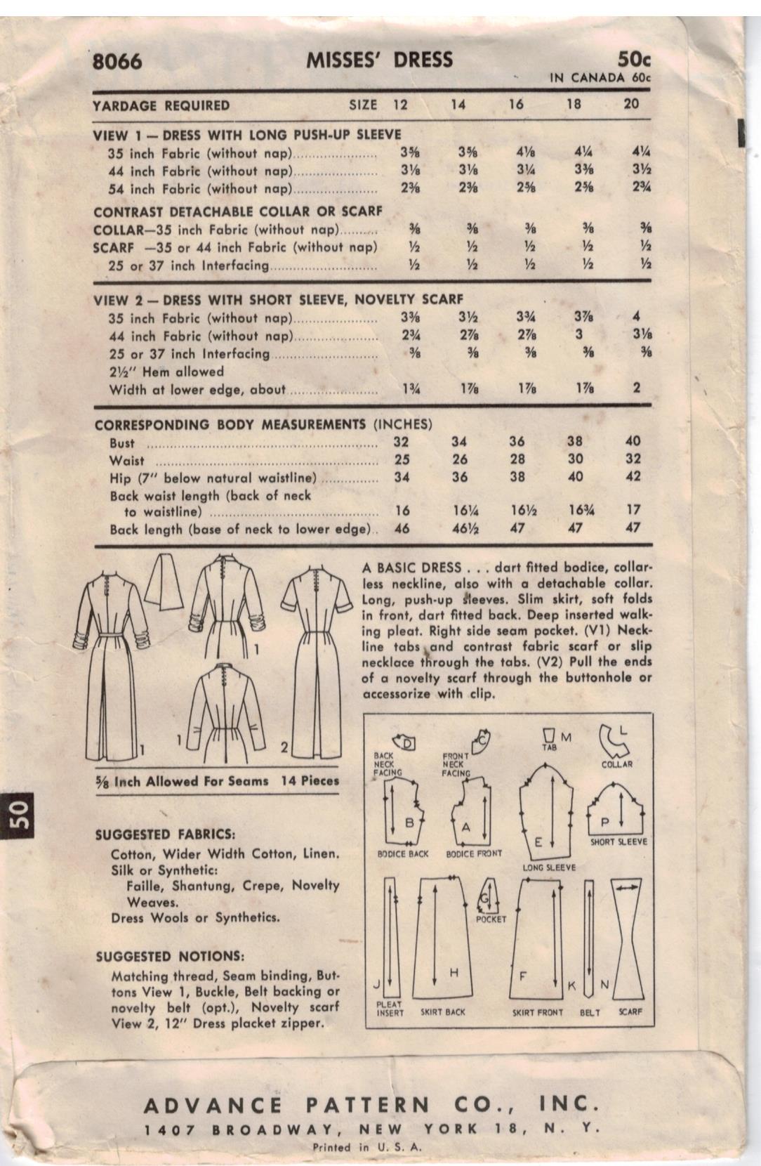 Advance Pattern 8066 vintage Misses sheath dresses with neckline and ...