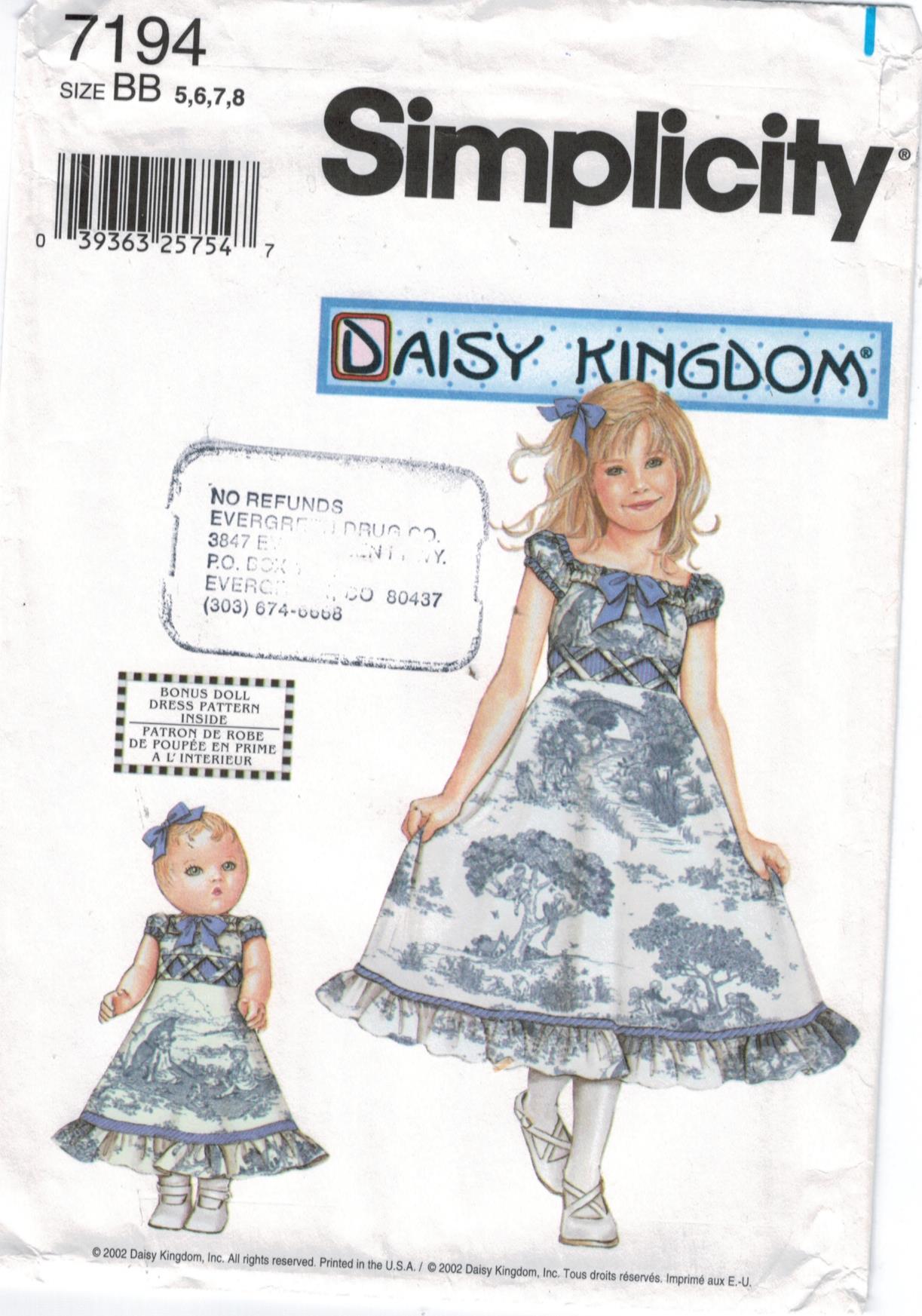 UNCUT 1998 Simplicity  Daisy Kingdom Pattern 8263 Girls Dress and pinafore size 3 4 5 6  matching outfit pattern for 18 doll.FACTORY FOLDED
