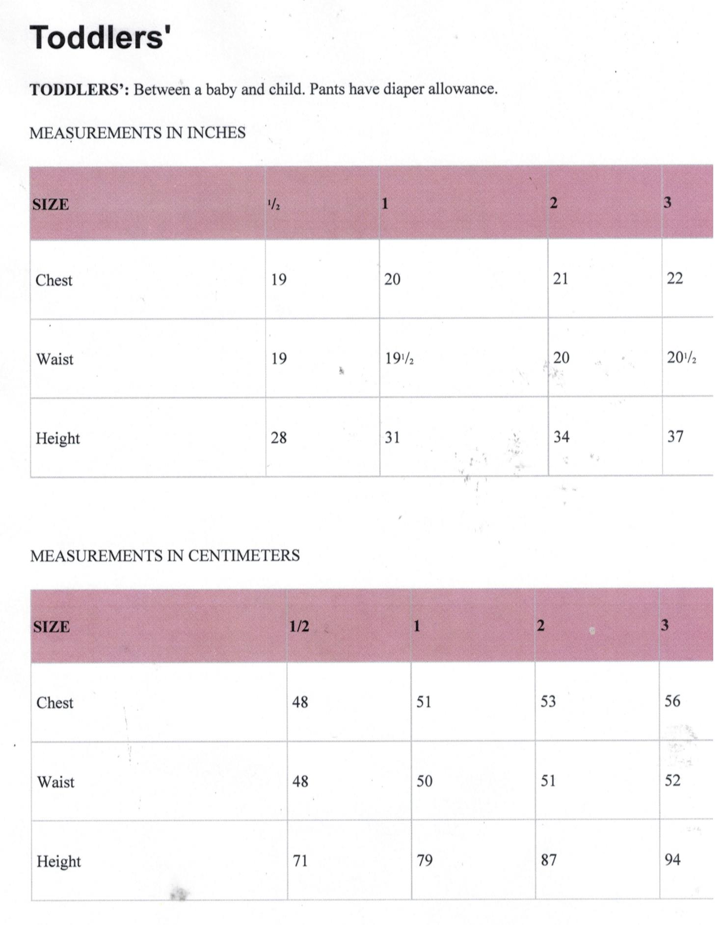 Simplicity Pattern Size Chart