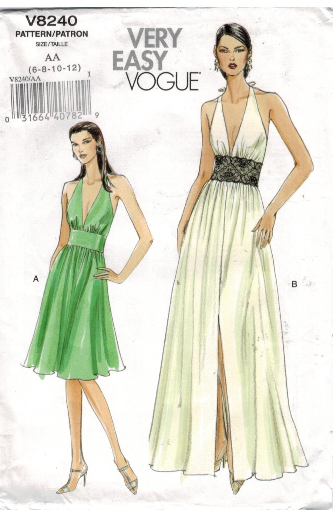 Vogue Pattern 8240 Very Easy Halter Dress and Full length Gown for Misses  sizes 6, 8, 10 and 12