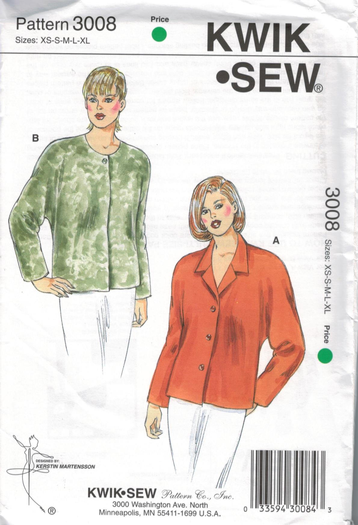 Kwik Sew Pattern 3008 Misses Button front Jackets in two views for Knit and  Woven fabrics Misses sizes Extra Small through Extra Large