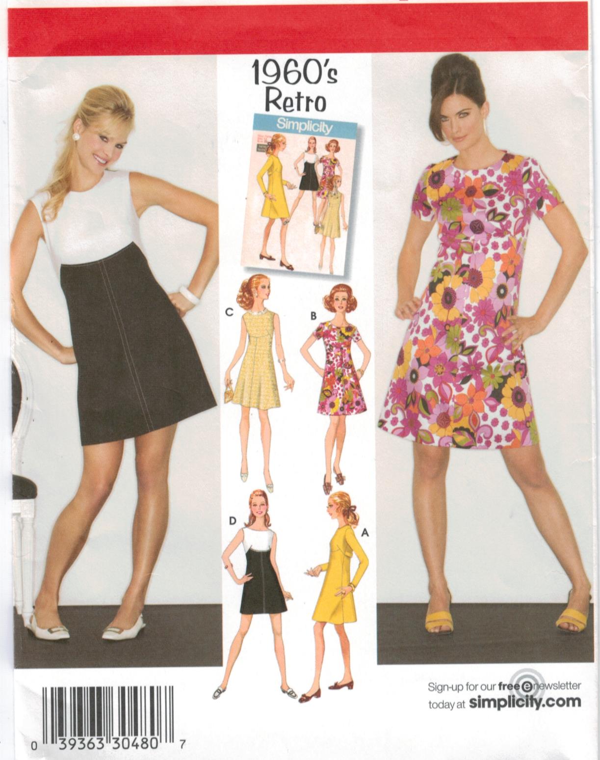 Simplicity Pattern 3833 1960's Retro Classic A line dresses four views  sleeveless, short sleeve or long sleeve