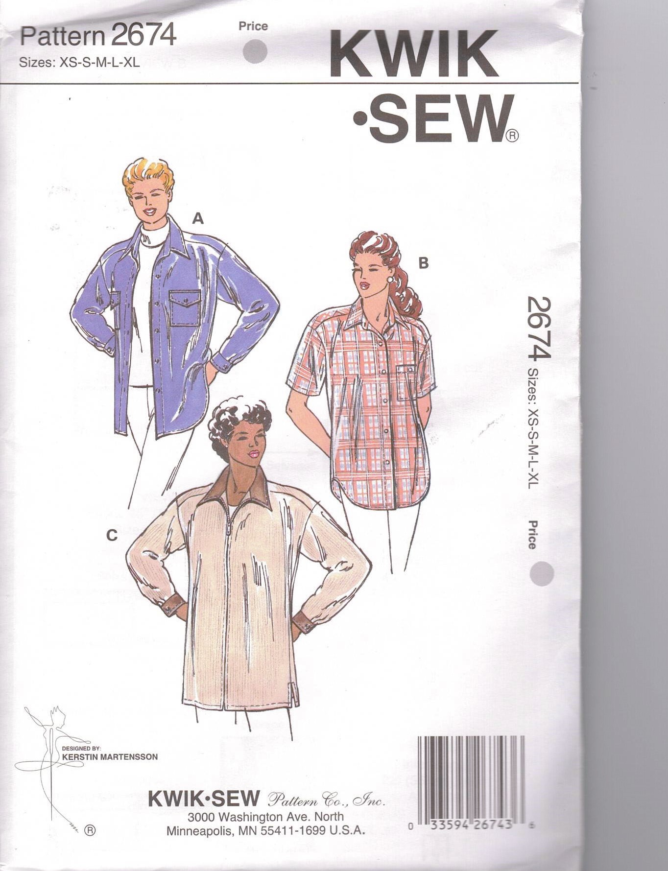 Kwik Sew Pattern 2674 Loose Fitting Shirts in three views for Misses sizes  Extra Small through Extra Large