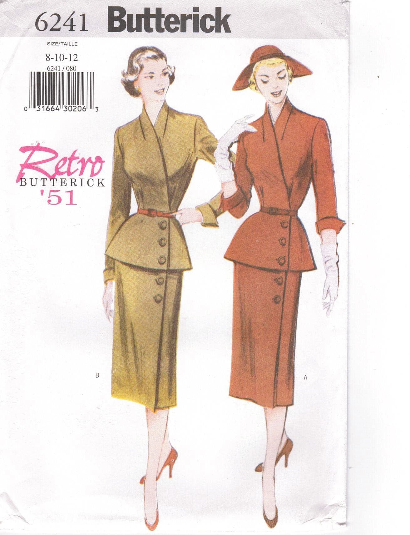 Butterick Pattern 6241 Retro Butterick 1951 Wrap Peplum side button Jacket  and Side Button Skirt Suit for misses sizes 8, 10 and 12