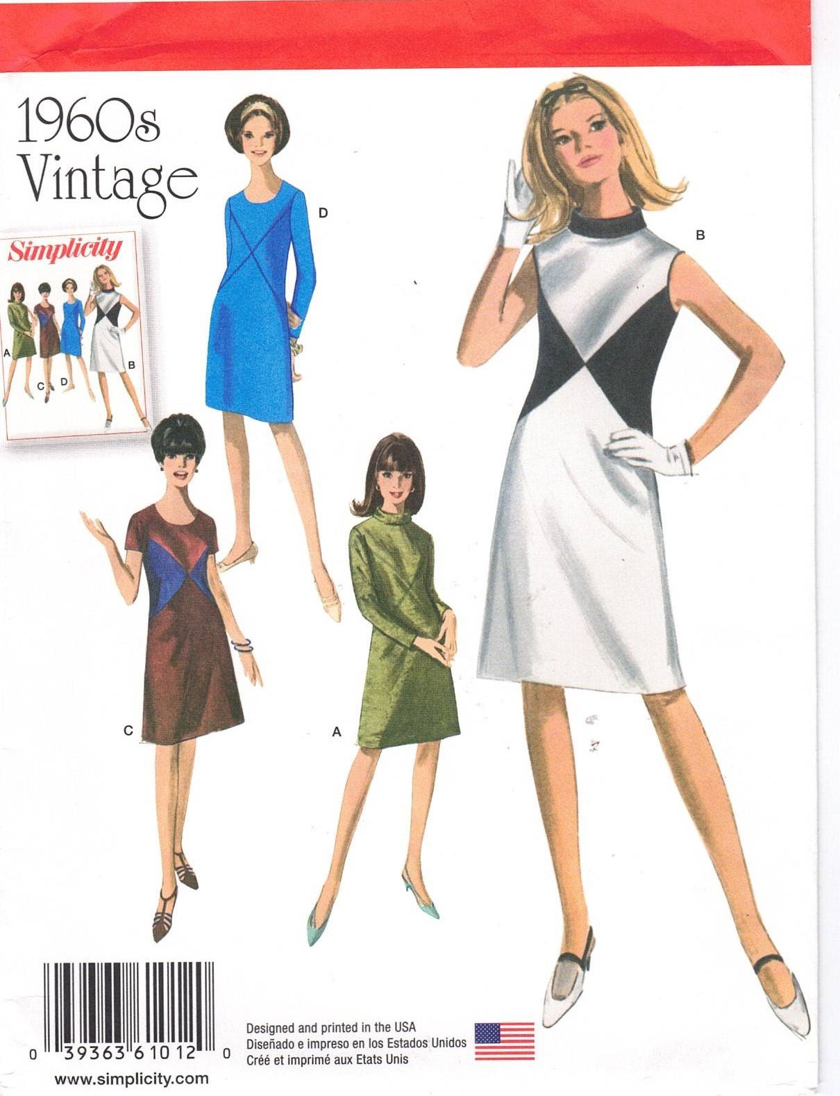 Simplicity Pattern 1012 1960's Vintage style dress with neckline and fabric  variations women's sizes 20 W through 28W