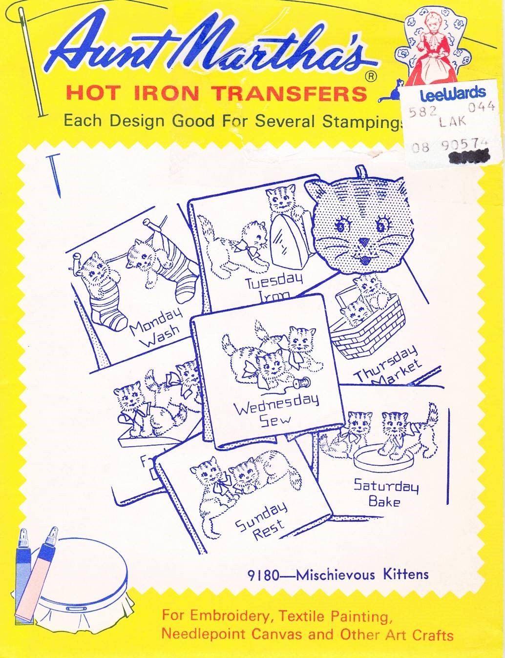 Aunt Martha's Hot Iron Transfers #9180 Mischievous Kittens Days of the Week  for Embroidery, Textile Painting, Needlepoint